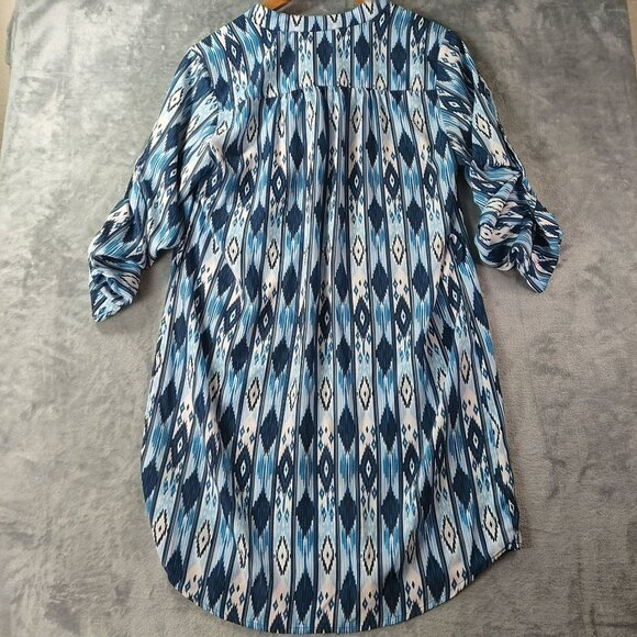 Chelsea Violet Womens Tunic Dress M Blue Ikat Roll Tab Sleeve Hi Low Boho Casual - Picture 3 of 11